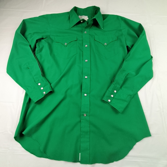 H bar C USA Made CALIFORNIA RANCHWEAR vintage GREEN white PEARL buttons 16.5/34 - Picture 1 of 16